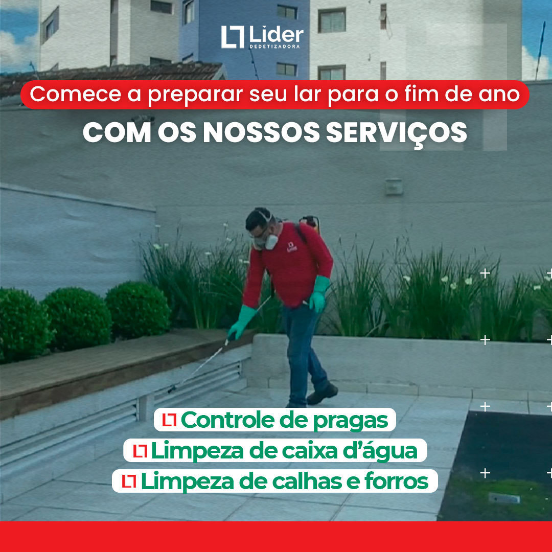 Comece a preparar seu lar par ao fim de ano COM OS NOSSOS SERVIÇOS: Controle de Pragas; Limpeza de Caixa D'Água; Limpeza de Calhas e Forros. Leia a notícia Líder Dedetizadora!